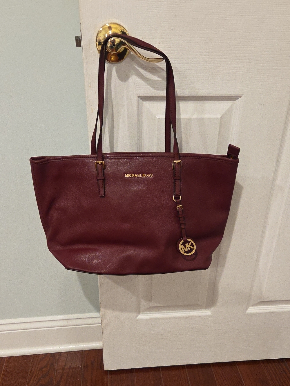 Michael Kors Maroon Leather Tote with Gold Hardware